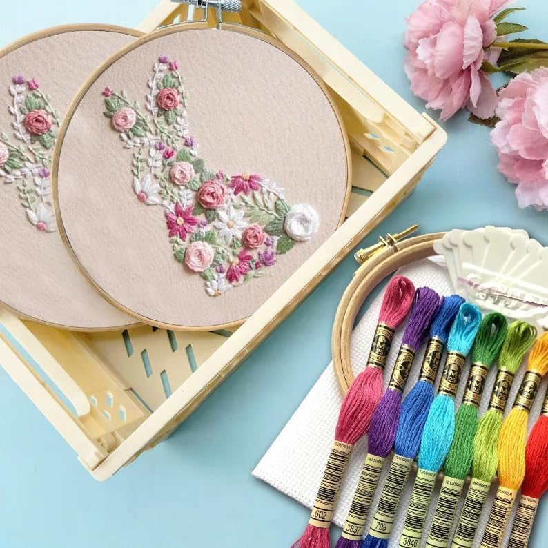 YOUDRN Bunny in Bloom Easter Embroidery Kit for Beginners, Embroidery Kits for Adults,DIY Hand Bunny Embroidery Easter Cross Stitch Starter Set with Pattern,Threads,Needles,Instruction,20cm Hoop - Image 2